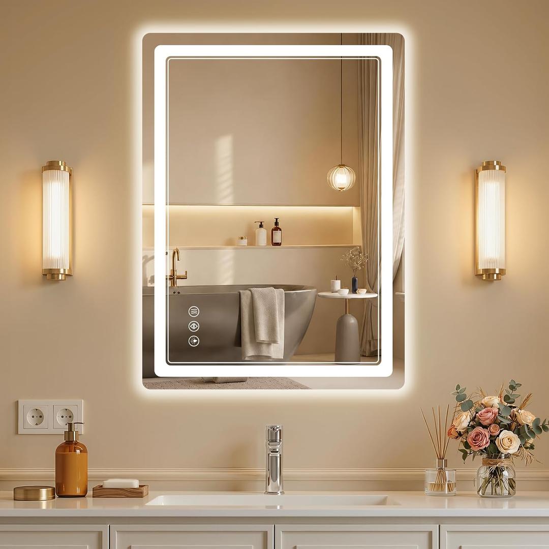BEAUTYPEAK 24"x32" LED Bathroom Mirror with Lights, Backlit + Front Lit, Anti-Fog, Lighted Bathroom Mirror for Wall, HD Shatterproof Tempered Glass, Dimmable, Memory Function (Horizontal/Vertical)