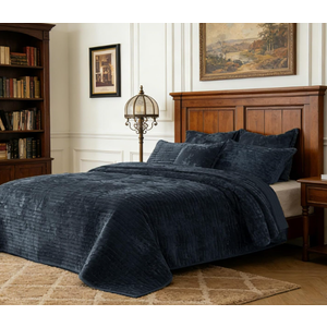 Quilt Set Oversized King Size 120x120 Luxurious Velvet Bedding Sets with 2 Pillow Shams 20x36 3 Pieces Ultra Soft Quilted Striped Bedspread Coverlet Comforter for All Season,Grey Blue