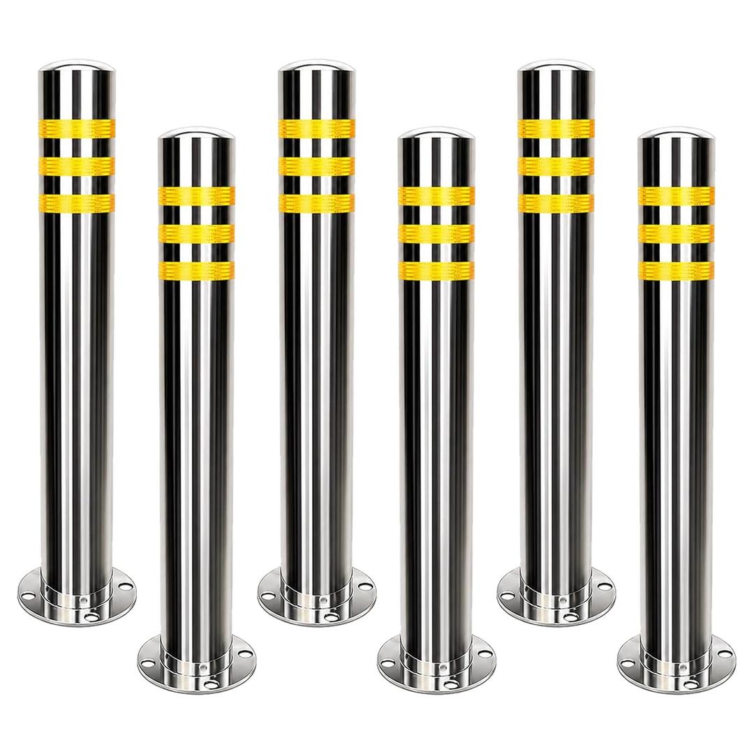 Safety Bollard,6 Pack,31.5" Stainless Steel 24 Anchors with Reflective Tape | OD 3.15",Wall 0.35",High-Intensity Reflective TapeWind Resistant,IP67 Waterproof,For Traffic Control,Driveway,Parking Areas