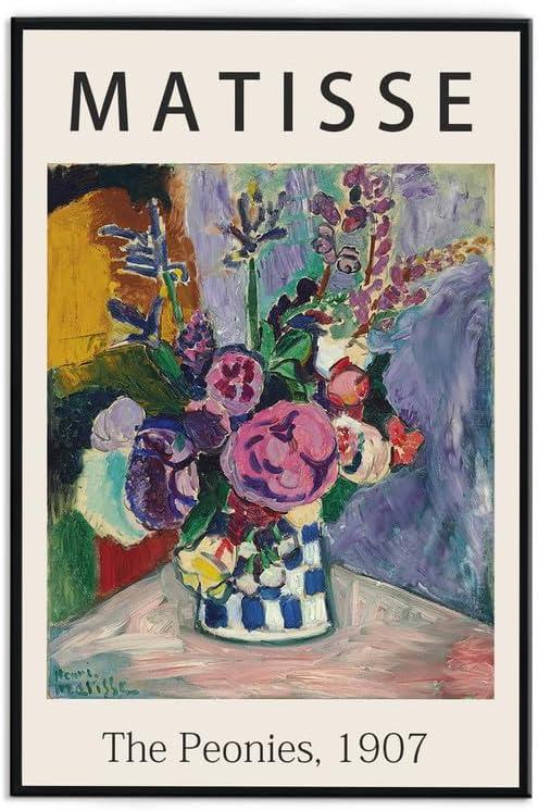 Framed Canvas Print Wall Art The Peonies, 1907 Famous Paintings By Matisse Colorful Peony Flower Illustration Canvas Print Artwork for Living Room, Bed Room, Office - 16x24 in Black Framed (24L" x 16W", J1-Black Framed)