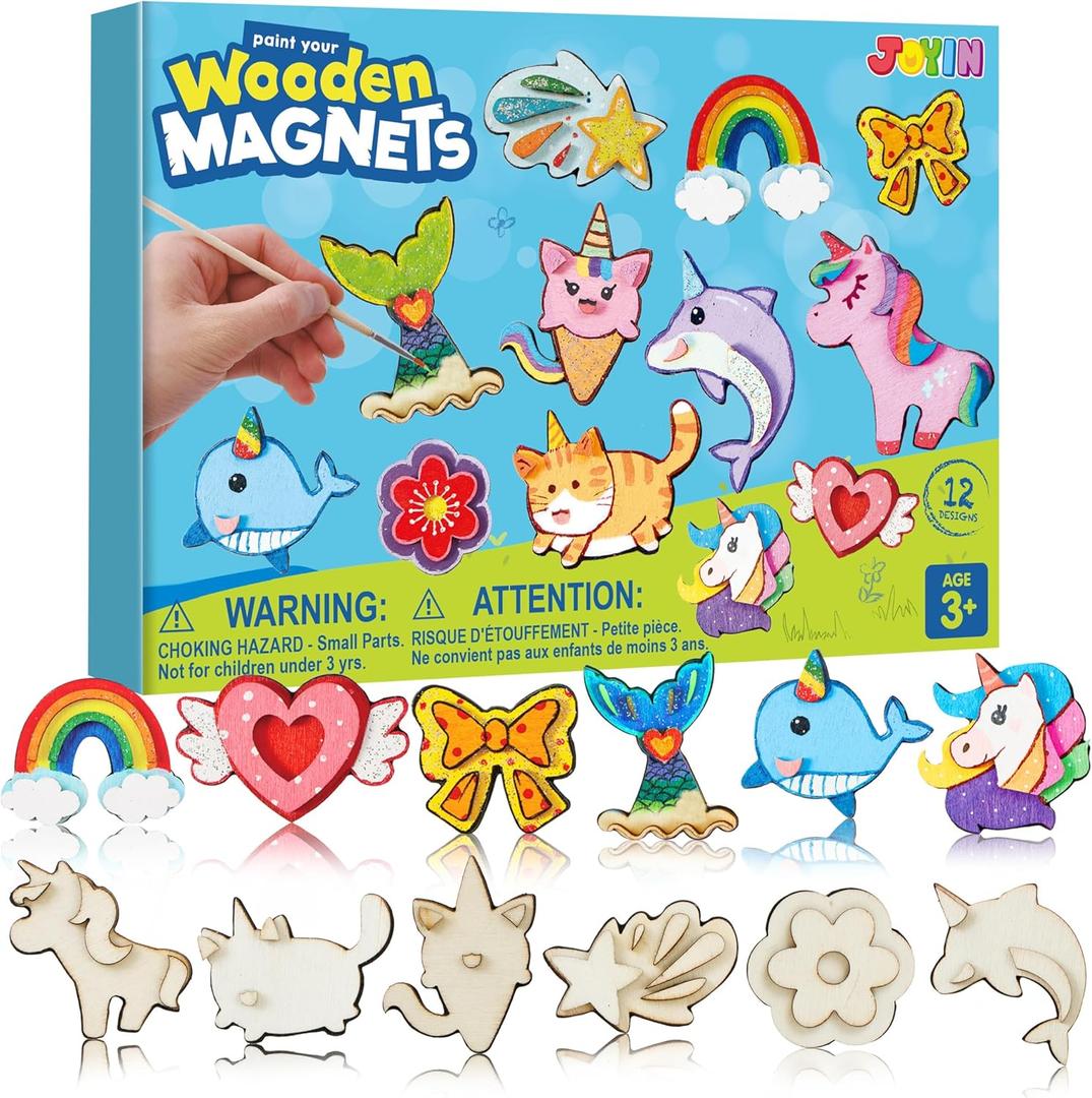 JOYIN 12 pcs Fantasy Wooden Magnets, Kids Unicorn Painting Craft, Spring and Rainy Day Activities School Art Projects, Toys for Kids Aged 3+ Birthday Easter