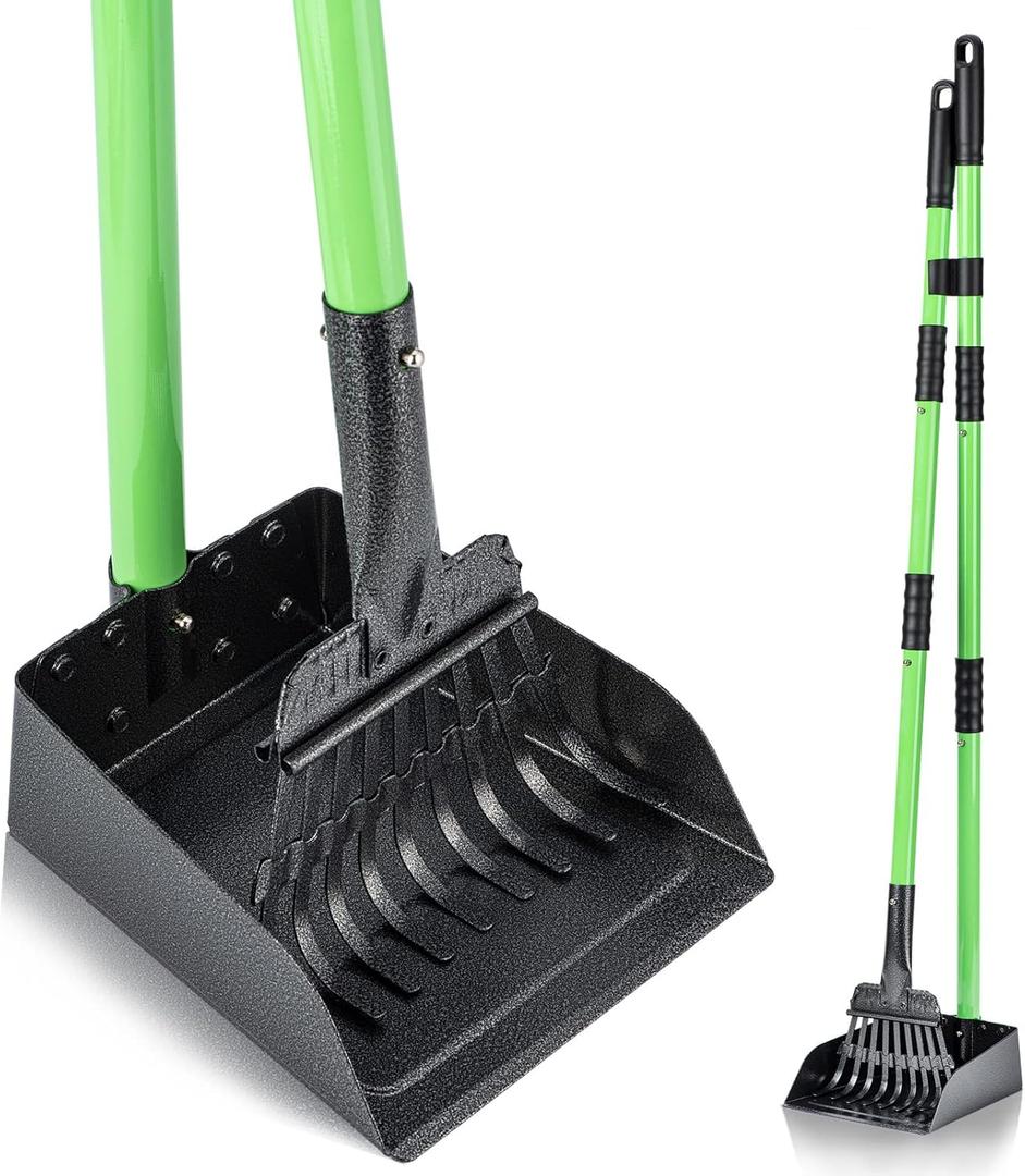 MXF Pooper Scooper, Dog Pooper Scooper Long Handle Stainless Metal Tray and Rake Set for Medium Small Dogs Heavy Duty - Use on Grass, Dirt or Gravel - Pet Supplies (Green) (Green)