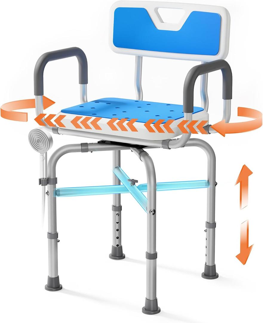 360 Swivel Shower Chair for Elderly and Disabled, 500lbs Heavy Duty Shower Chair with Back and Padded Arms, X-Shaped Stable Shower Seat for Inside Shower,Adjustable Height,Non-Slip Feet