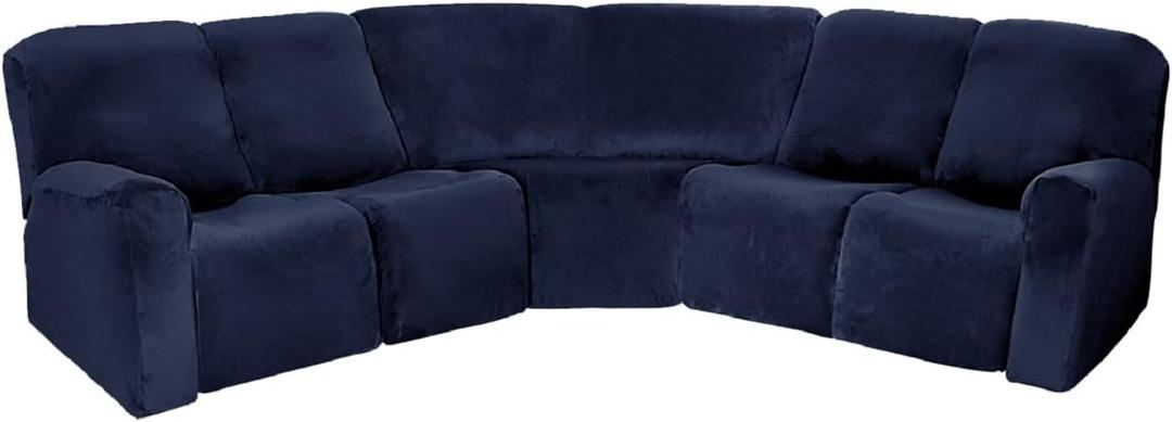 MINGPINHUIUS 7 Piece Velvet Sectional Sofa Covers Recliner Sofa Cover New Elastic Sofa Slipcover Soft Wear-Resistant Sectional Couch Cover for Kids, Dogs, Pets (Navy Blue) (5 Seat)