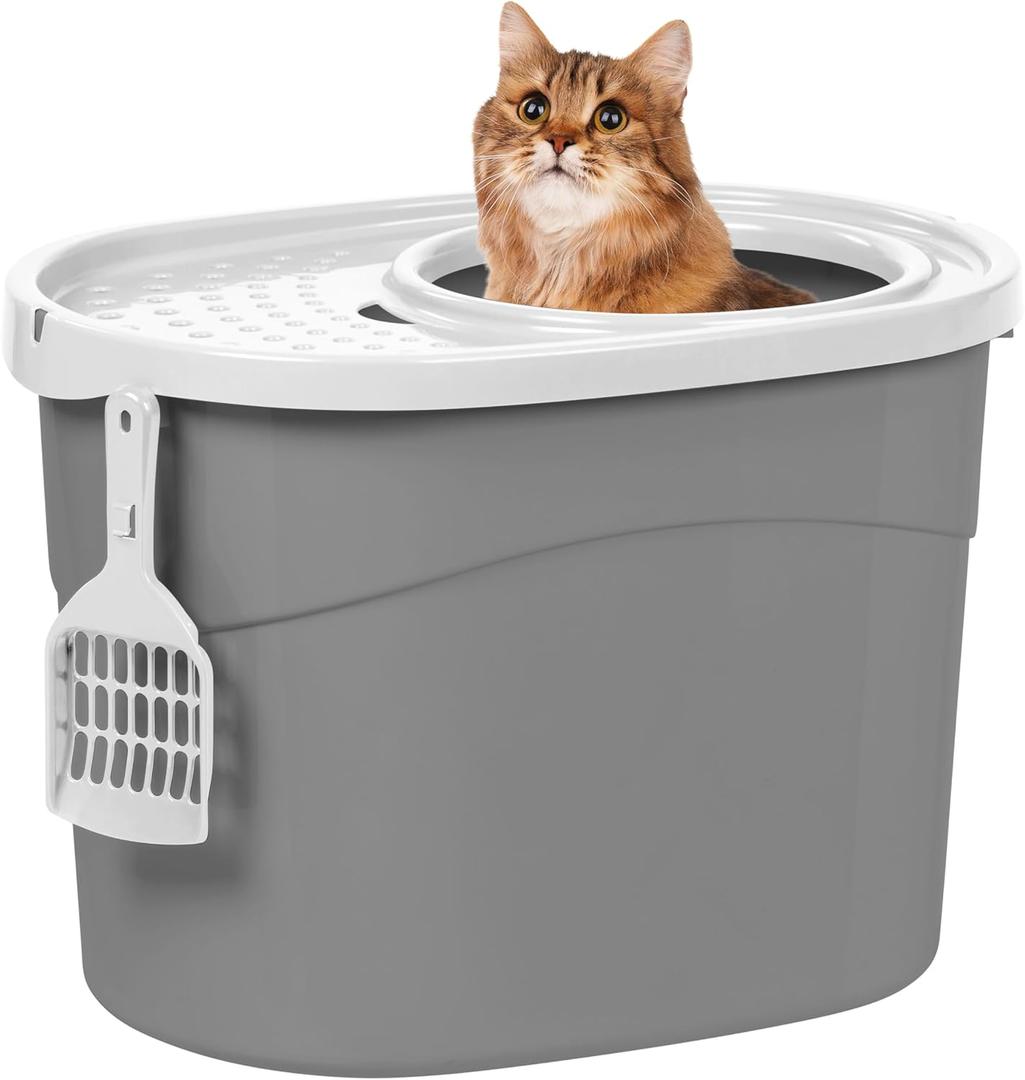 IRIS USA Cat Litter Box, Large Top Entry with Litter Catching Lid and Scoop, Dog Proof, Enclosed Cat Litter Box, Gray/White