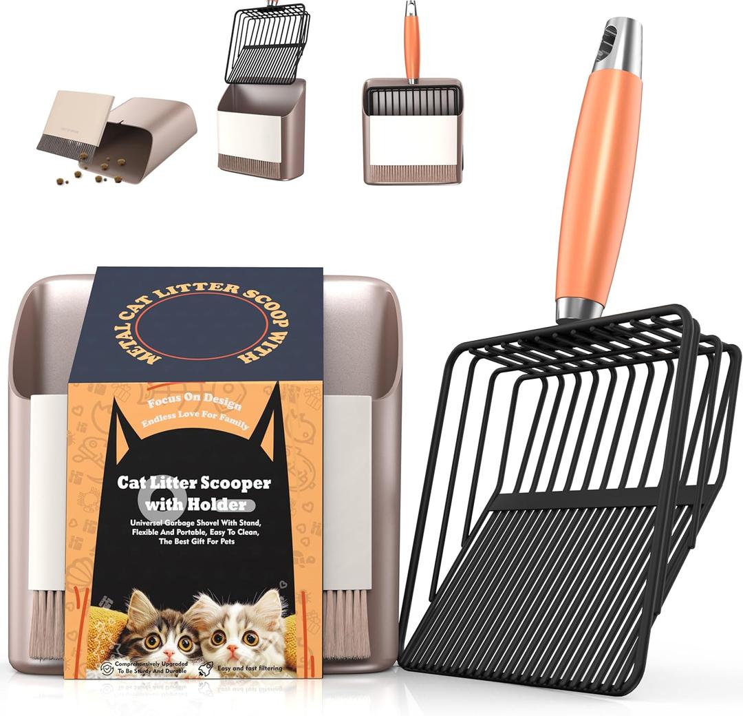 Heavy Duty Metal Cat Litter Scoop with Holder - Broom and Dustpan Set - Quick-Sifting Mesh for Clump-Free Cleaning, Compatible with Most Litter Types