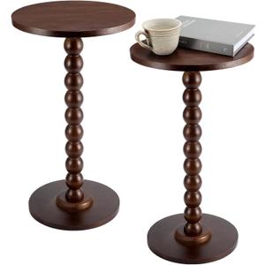 2 Set Round Pedestal Side Table Brown Wooden Small Drink Coffee Table Traditional Tray Top End Modern Accent Nightstand with Solid for Small Space Home Office Bedroom Living Room Corner
