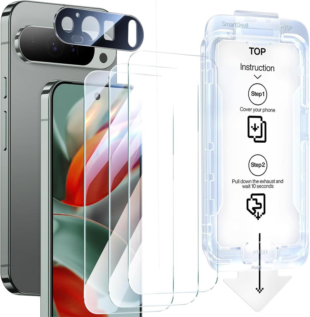 SMARTDEVIL [3+1 Pack] Screen Protector For Google Pixel 9 Pro With Camera Lens Protector , Finger Print Reader Compatible, Clear 9H Tempered Glass Film, Fast & Easy Installation, Alignment Frame