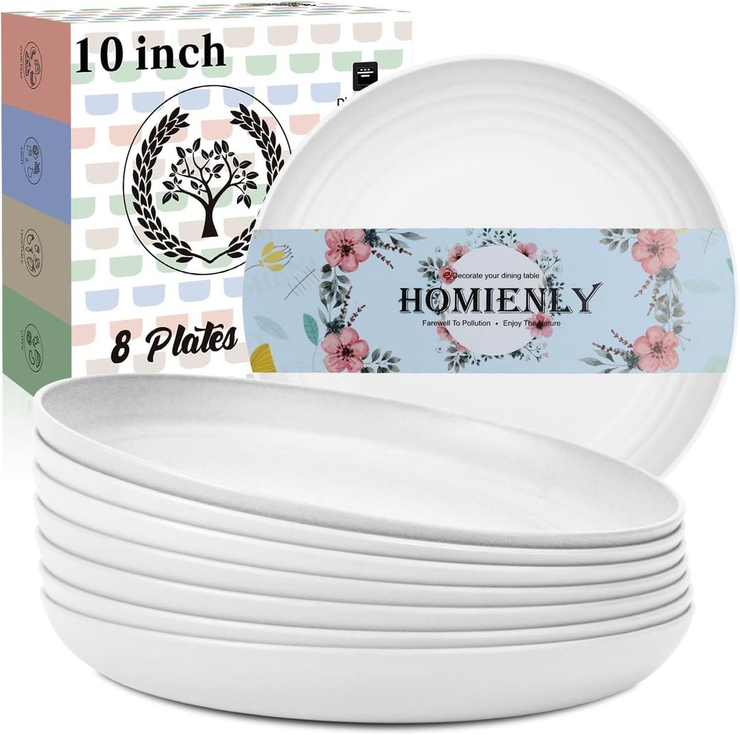 Homienly Deep Dinner Plates, Wheat Straw Plates 10 inch Set of 8, Unbreakable Plates for Kitchen, Kids, Lightweight Microwave and Dishwasher Safe Camping Plate Set for Salad, Dinner, Fruit - White