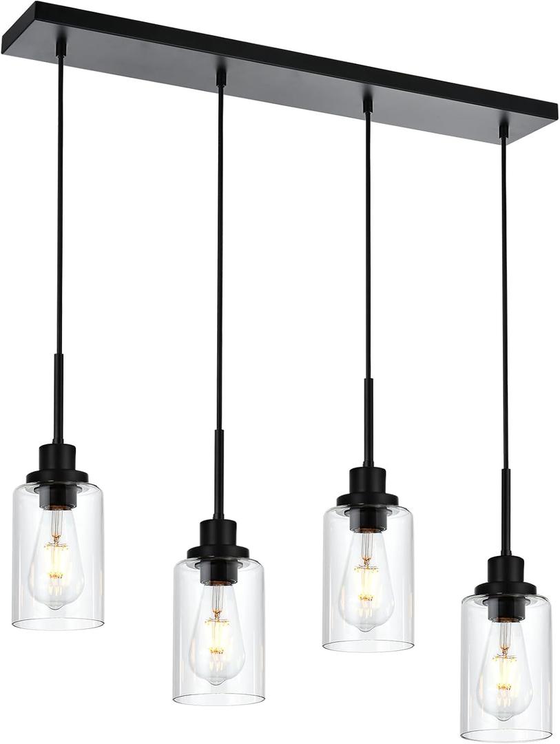 Black Pendant Light Fixtures with Clear Glass, 4-Lights Adjustable Height Hanging Ceiling Lights, Kitchen Island Lighting for Living Room Office Bar Farmhouse
