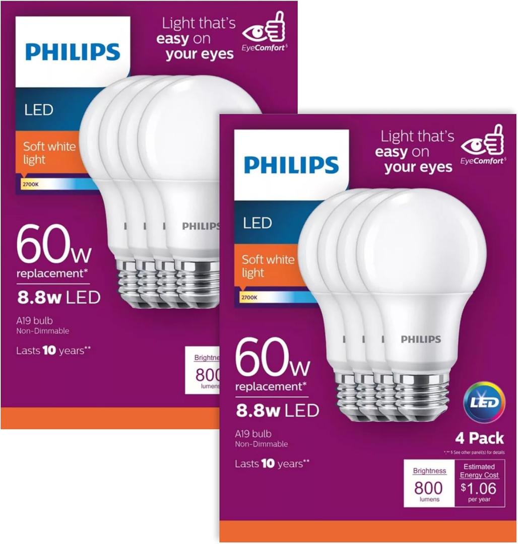 PHILIPS LED Frosted Non-Dimmable A19 Light Bulb - Pack of 8 - EyeComfort Flicker Free - 8.8W = 60W - 800 Lumen - Soft White (2700K) - E26 Base - Indoor - Title 20