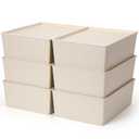 Menkxi 6 Pcs Plastic Storage Bins with Lids Stackable Storage Containers Durable Box Baskets for Organizing Shelves Playroom Classroom Office (Large, White) 