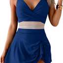 Women One Piece Swimsuit V Neck Swimdress Color Block Bathing Suit Skirt Tummy Control Tie Back Swim Dress (Small)