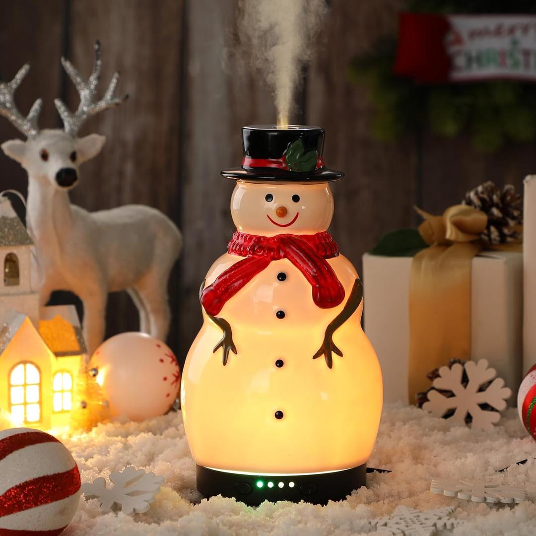 Rossesay Christmas Essential Oil Diffuser 120ml Ceramic Snowman Aromatherapy Humidifier, Holiday Diffuser Gift, Xmas Stocking Stuffer, Cute Tabletop Christmas Decoration for Home Office Winter (White, Red, Black)