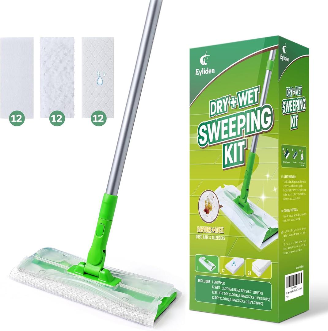 Eyliden Sweeper Mop with 36 Refills - 3 Types of Disposable Dry & Wet Cloths | Lock-Tight Design No Lost Pads, Universal Refills, Multi-Surface Sweeping Starter Kit for Pet Hair, Dust, Floor Cleaning