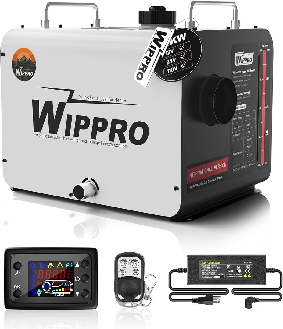 WIPPRO Diesel Heater 8KW,12V/24V/110V 8L Diesel Air Heater with LCD Switch, Remote Control, for Campers, Car, RV Truck, Boat, Campervans, Caravans (White)