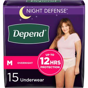 Depend Night Defense Adult Incontinence Underwear for Women, Disposable, Overnight, Medium, Blush, 15 Count,