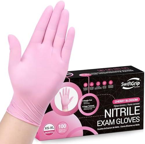 SwiftGrip Pink Nitrile Gloves, 3-mil, Industrial Gloves Disposable Latex Free, for Cleaning & Esthetician, Rubber Powder-Free, 100-ct Box (X-Large)