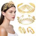4 Pieces Adjustable Gold Greek Goddess Costume Dress Accessories, 2Pcs Arm Cuff Upper Arm, 2Pcs Leaf Crown headband, Halloween Wedding Costume Hair Accessories for Women (2.7" Height) (1 Count (Pack of 4))