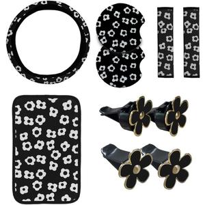 10Pcs Cute Flower Car Accessories Set, Includes Floral Steering Wheel Cover, Seat Belt Covers, Daisy Air Vent Clips, Center Console Armrest Cushion, Cup Coasters for Women Decoration (Black)