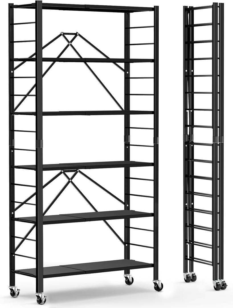 Himix 6 Tier Foldable Storage Shelves, Expandable Folding Bookshelf with Wheels, Changeable into 2 Shelf Units, Collapsible Adjustable Storage Rack Metal Shelves for Garage, Kitchen, Black