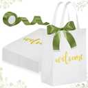party greeting 50 Pack Non-woven Welcome Gift Bags with Handles White Wedding Bags with 2 Rolls of Sage Green Ribbon Party Favor Bag Suitable for Parties Birthdays Weddings