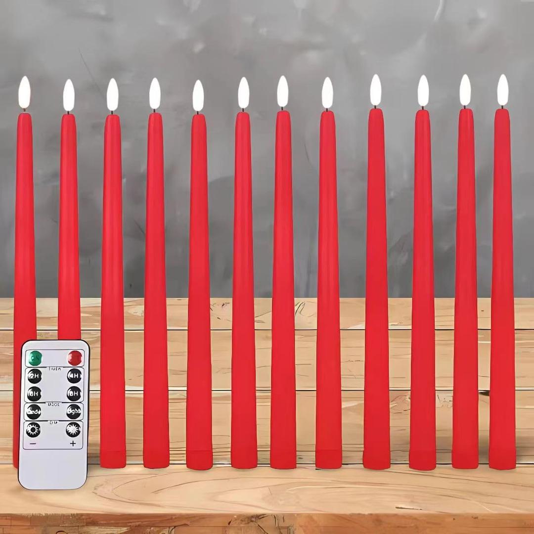 Red Christmas Flameless Taper Candles with Remote, Flickering Battery Operated LED Candlesticks Set of 12
