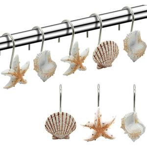Seashell Shower Curtain Hooks,12PCS Anti Rust Decorative Resin Hooks for Bathroom, Baby Room, Bedroom, Living Room Decor (Light Brown Seashell)