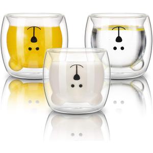 Patelai 3 Pieces Bear Mugs Cute Tea Coffee Cup Double Wall Insulated Glass Bear Espresso Cups White Glass Mugs for Office Birthday Halloween Christmas Valentines Gifts
