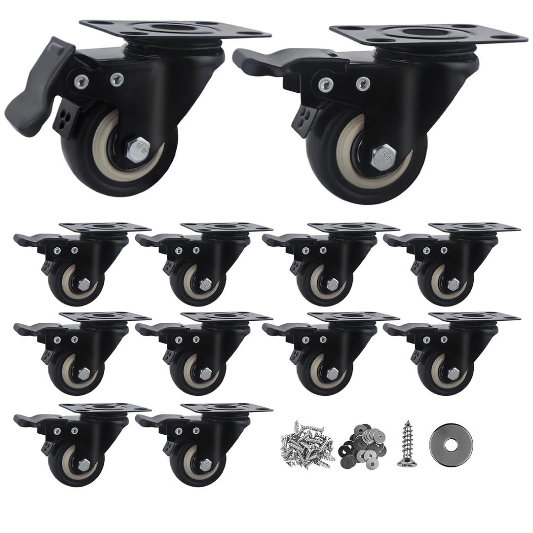 2 Inch Caster Wheels Set of 12, Heavy Duty Casters,with Brake,No Noise Locking Polyurethane (PU) Wheels, for Furniture and Workbench Load 800lbs