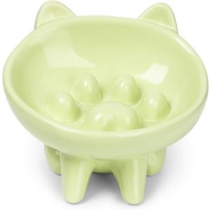 Ceramic Slow Feeder Bowl, Elevated CAT & Dog Slow Feeder, Wide-Mouth, PAW Design, Stylish Design, for Fast Eaters, Non Slip, Pets, Small & Medium Sized Breeds, (Green)