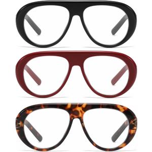 AMOMOMA 3 Pack Retro Oversized Aviator Reading Glasses for Women Men,Trendy Blue Light Blocking Readers Large Frame (Shiny Black+red+brown Tortoise), Magnification Strength: 1.0 x