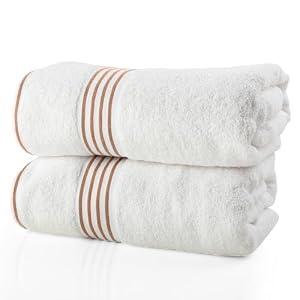 Bath Towels - 2PC 500GSM 100% Cotton Towel Set - 35x70in Extra Large Quick Drying Bath Towels - Absorbent Bath Sheets for Bathroom by Lavish Home (White/ Beige)