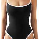 SUUKSESS Women Sexy Square Neck Thong Bodysuit Backless Cami Bodysuit Top (Medium, Black-white)