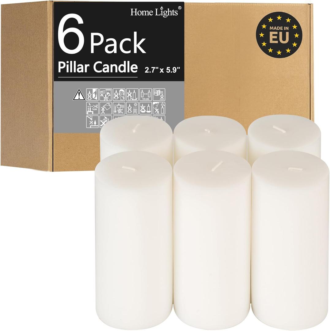 HomeLights Pillar Candles - 2.7x6 inch | 60 Hours Burning, 5 Count - White Unscented Smokeless European Pillar Candles - Perfect for Wedding, Parties, Spas, Home Gatherings and Dinner