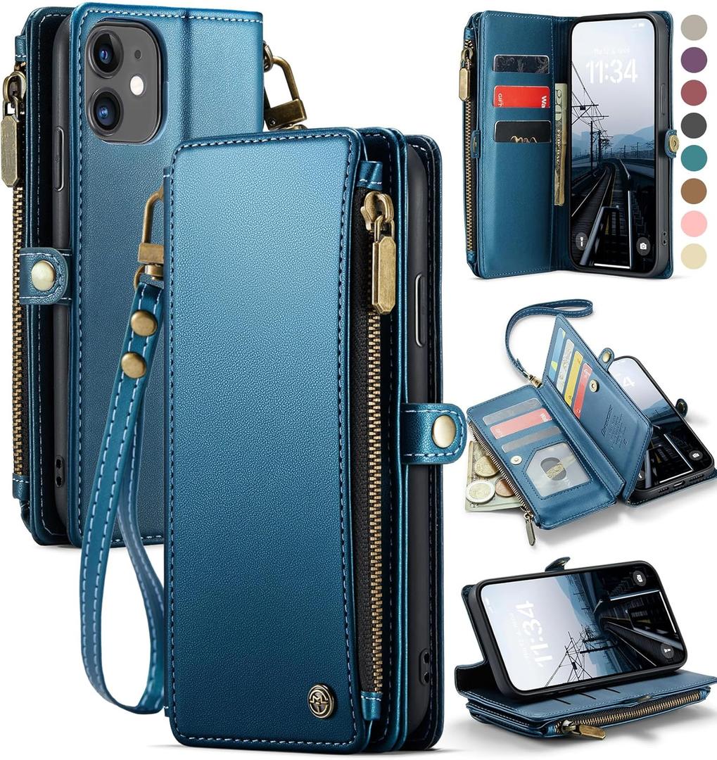 Defencase Compatible with iPhone 11 Case Wallet with RFID Blocking Card Holder for Women and Men, Fashion PU Leather Magnetic Snap Flip Zipper Strap Wallet Phone Case Fit for iPhone 11 6.1", Dark Blue