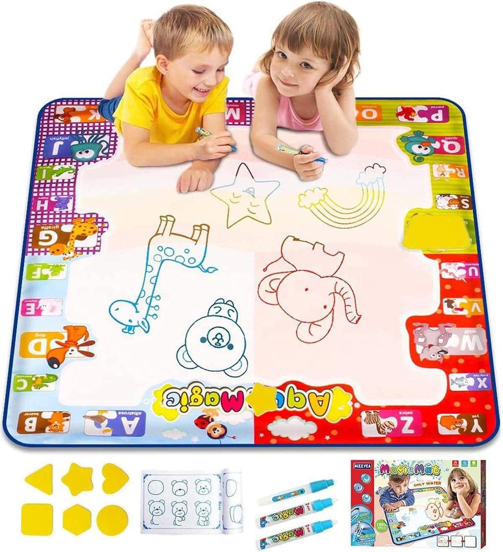 KIZZYEA Toys for 2 3 4 5 6+ Years Old Boys Girls, Water Doodle Mat for Kids, Large Coloring Painting Writing Magic Mat with Neon Colors, Educational Toys Christmas Birthday Gifts for Age 24, 35