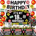 18th Birthday Decorations for Boys, 40Pcs Caution Logos 18 Birthday Boy Decorations Banner Backdrop, Happy 18th Birthday Tablecloth, 18 Year Old Boy Birthday Balloons Hanging Swirls Cake Toppers