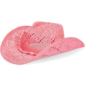 Zodaca Pink Cowboy Hat for Women - Pink Straw Beach Hat, Cute Cowgirl Hat with Beaded Heart Trim and Braided Chain (Adult Size)