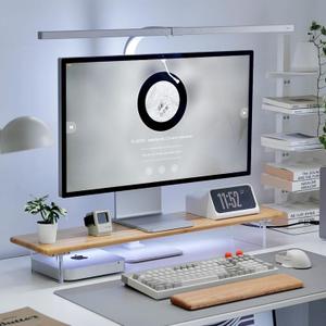 ROCDEER Bamboo Monitor Stand Riser with RGB Lights, 31.5 Inches Desktop Shelf with Acrylic Legs Supports for Desk, PC Computer Monitor, Laptops, Printer, Speakers (Natural) 31.5 x 7.87 x 3.98 inches