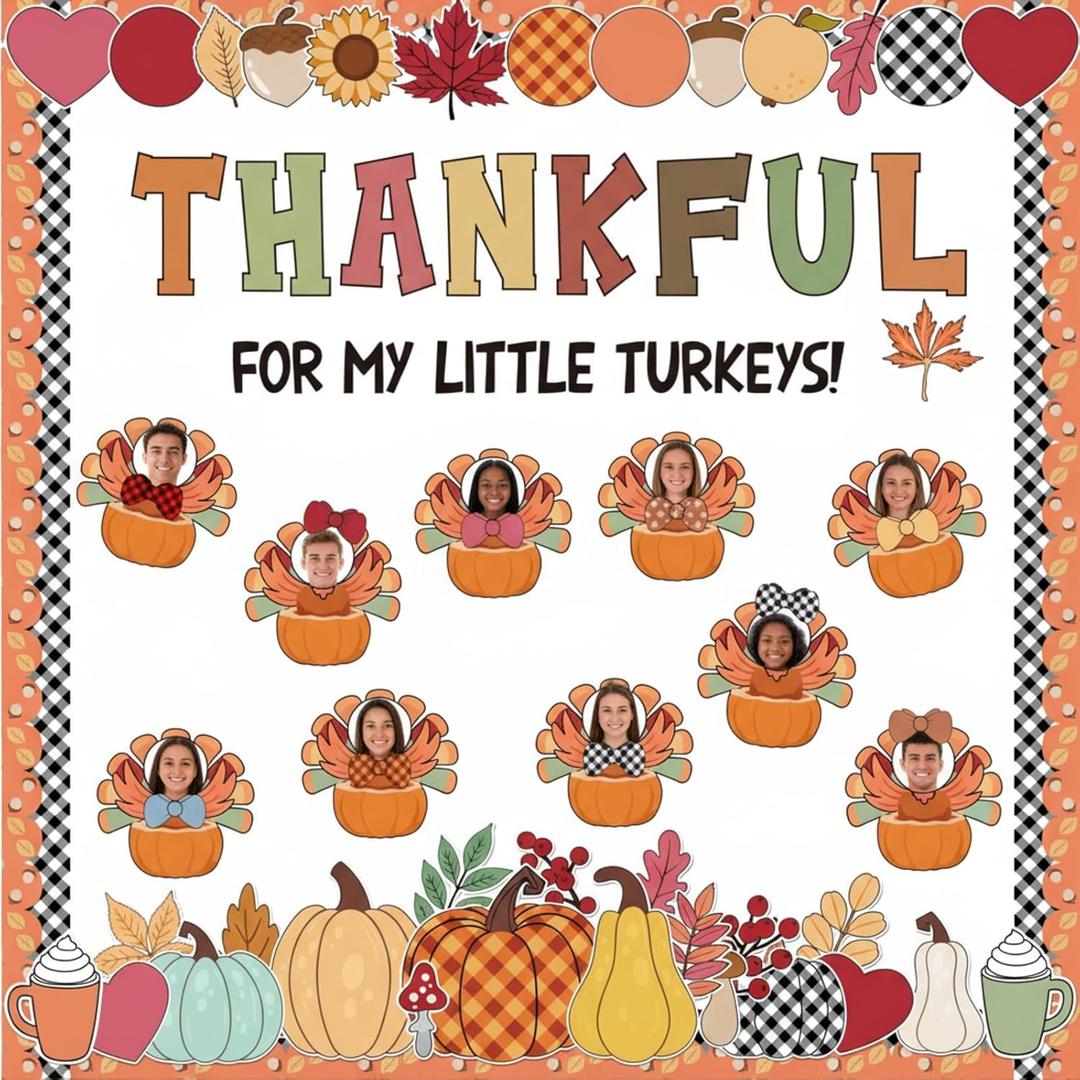 Thanksgiving Turkey Bulletin Board Decorations Set November Classroom Photo DIY Decorations Thankful for Turkey Cutouts with 200 Pcs Glue Points for Autumn Harvest Classroom Wall Decor