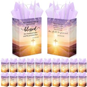 Coume 50 Pcs Christian Godmothers Day Gifts Church Bags Bulk with Tissue 8.27 x 5.91 x 3.15 Inches Religious Bible Verse Baptism Paper Gifts Bags with Handles for Women Mom Church Party Favor