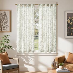 jinchan Linen Floral Tier Curtains 54 Inch Farmhouse Botanic Cafe Curtains Light Filtering Drapes for Small Windows Back Tab Half Window for Kitchen Living Room Bathroom 2 Panels Green (Floral Sage Green on Beige)