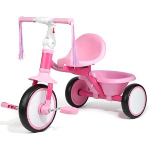 Liberry Foldable Toddler Tricycle Age 2 3 4 Years Old, Kids Trike with Adjustable Seat, Basket & Streamers, 3 Wheel Bike Riding Toy Birthday Gift for Girls Boys, Pink