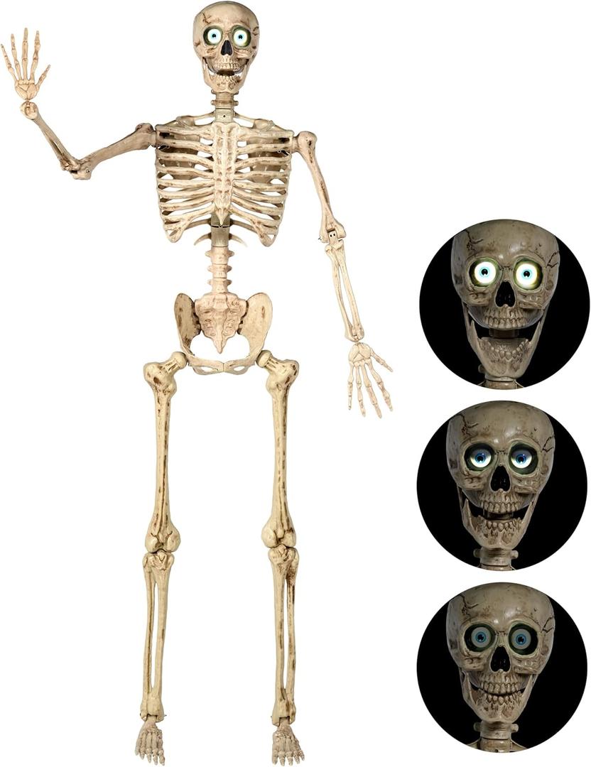 JOYIN 6.9 FT Halloween Posable Skeleton Life Size, Voice Sensing Blink Eyes Moving Jaw, Giant Skeletons Bones Full Body Movable Joints for Indoor Outdoor Halloween Party Decoration, Hounted House Prop