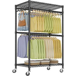 VIPEK R2 Pro Rolling Garment Rack 2-Sided Hanging Heavy Duty Clothes Racks with Wheels Adjustable Shelves Hanging Rods Metal Portable Closet Storage Freestanding Clothing Rack, Max load 600lbs, Black