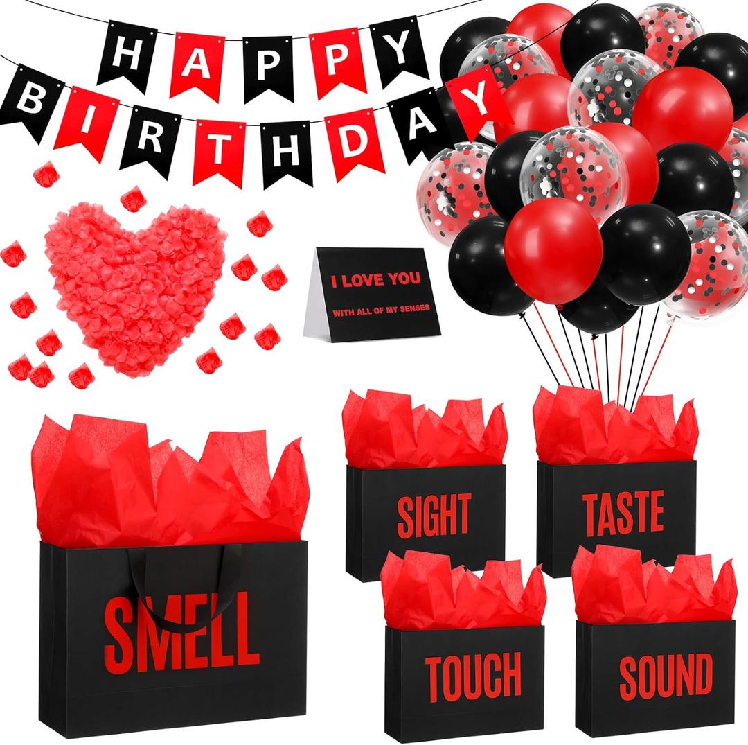Soulchen 5 Senses Gift Bags for Him Her with Labels, Five Senses Gift Birthday Party Decoration Tissue Paper Handles, Comes with Rose Petals Banner Balloons for Party(Birthday,Red Black)