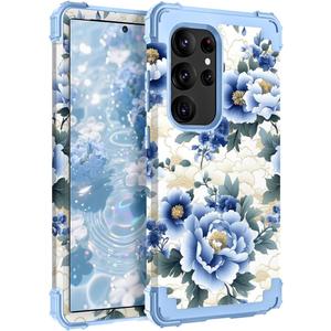 PIXIU Unique Flower Pattern Compatible with Samsung Galaxy S25 Ultra 5G case,Heavy Duty Dual Layer Shockproof Full-Body Protective Sturdy Hybrid Cute Rugged Case for Women,Girls,Kids-Blue Peony