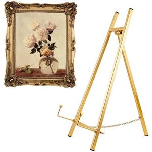 Vankcp 1Pcs Gold Table Top Easel Stand, 16.5" Tall Modern Metal Tripod Plate Stand, Heavy Duty Art Holder Easel with Adjustable Chain, for Painting, Wedding Sign Posters