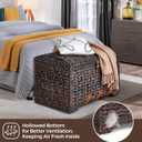 Honjourai Handwoven Storage Basket with Lid, 178L Plastic Rattan Storage Bin, Leather Buckle & Metal Frame, Large Metal Ring Handles, Storage Trunk for Bedroom, Laundry Room